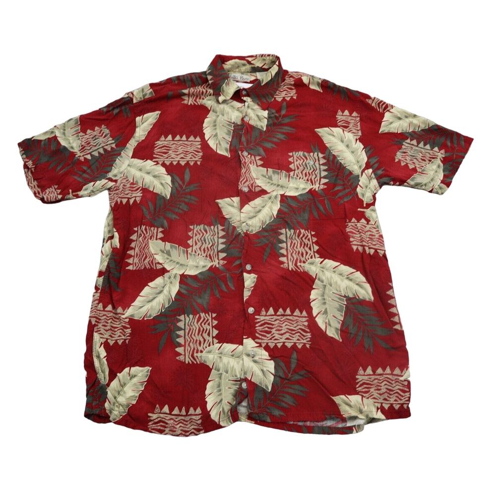 Hollis River Shirt Men LT Red Hibiscus Leaves Hawaiian Floral Shirt Collared Top